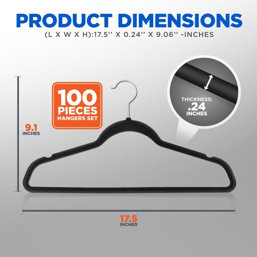 100 Pcs. of Velvet Non-Slip Hangers for Clothes - Heavy Duty Coat Hanger Set with 360° Swivel Hook