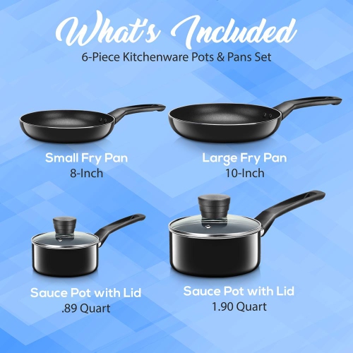 SereneLife Kitchenware Pots & Pans Set – Basic Kitchen Cookware, Black Non-Stick Coating Inside, Heat Resistant Lacquer