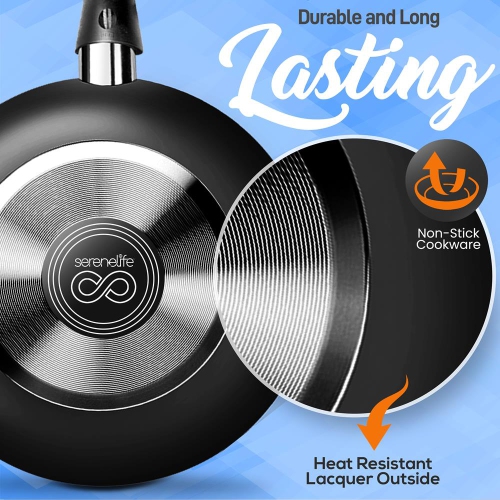 SereneLife Kitchenware Pots & Pans Set – Basic Kitchen Cookware, Black Non-Stick Coating Inside, Heat Resistant Lacquer