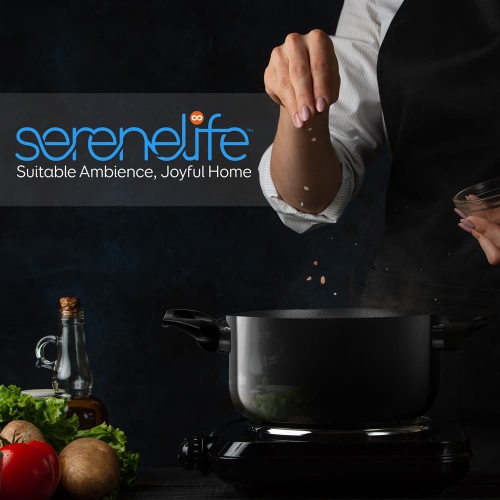 SereneLife Kitchenware Pots & Pans Set – Basic Kitchen Cookware, Black Non-Stick Coating Inside, Heat Resistant Lacquer