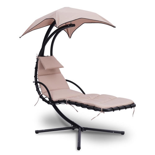 Outdoor Hanging Curved Steel Chaise Lounge Swing Chair w/ Built-in Pillow and Removable Canopy