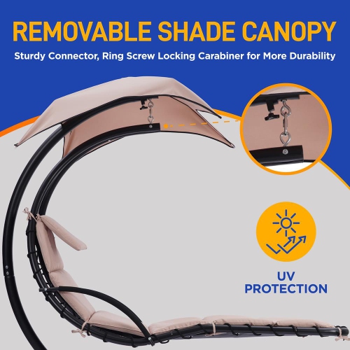 Outdoor Hanging Curved Steel Chaise Lounge Swing Chair w/ Built-in Pillow and Removable Canopy