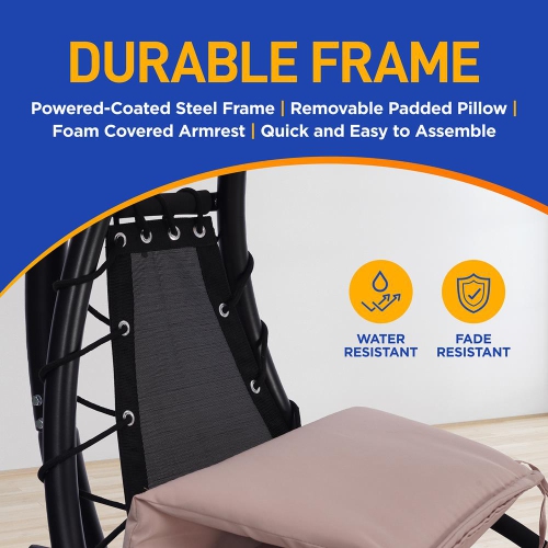 Outdoor Hanging Curved Steel Chaise Lounge Swing Chair w/ Built-in Pillow and Removable Canopy