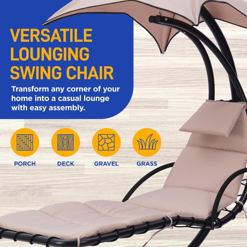 Outdoor Hanging Curved Steel Chaise Lounge Swing Chair w/ Built-in Pillow and Removable Canopy