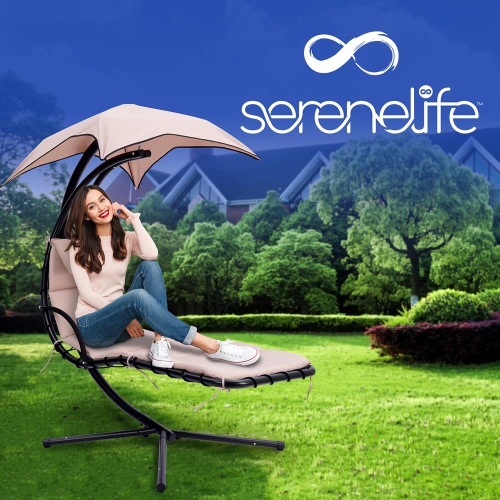 Outdoor Hanging Curved Steel Chaise Lounge Swing Chair w/ Built-in Pillow and Removable Canopy