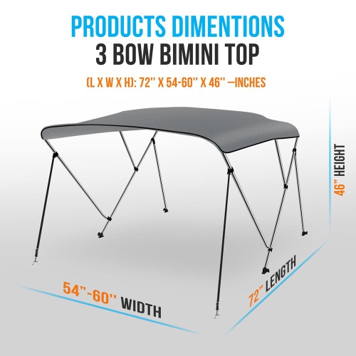 3 Bow Bimini Top - 2 Straps and 2 Rear Support Poles with Marine-Grade 600D Polyester Canvas