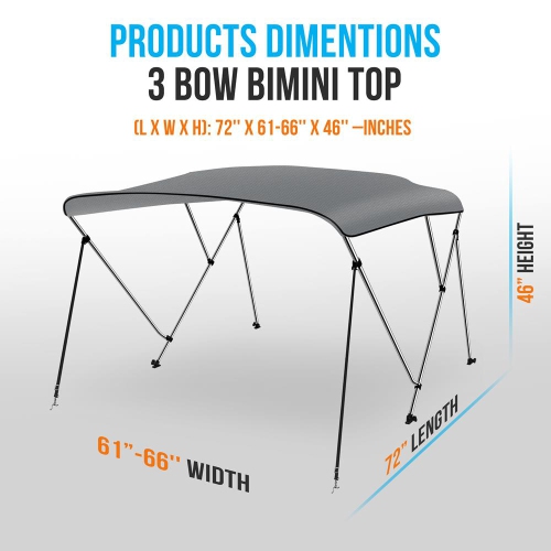 3 Bow Bimini Top - 2 Straps and 2 Rear Support Poles with Marine-Grade 600D Polyester Canvas