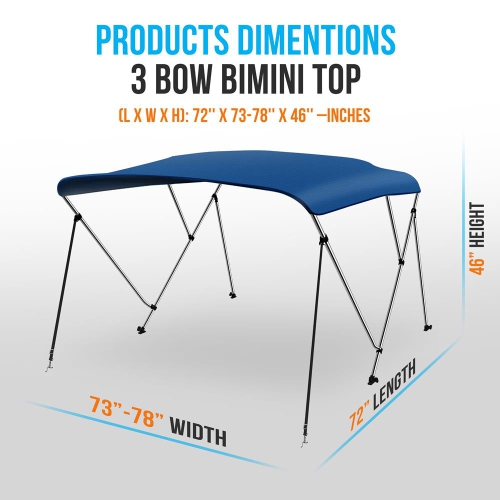 3 Bow Bimini Top - 2 Straps and 2 Rear Support Poles with Marine-Grade 600D Polyester Canvas