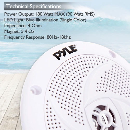 Waterproof Rated Marine Speakers, Low-Profile Slim Style Speaker Pair with Built-in LED Lights, 5.25''-inch
