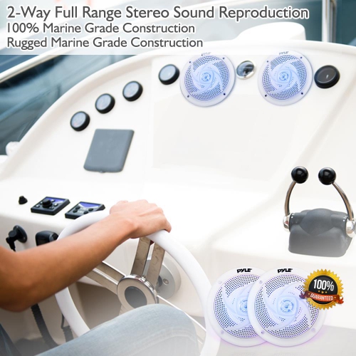 Waterproof Rated Marine Speakers, Low-Profile Slim Style Speaker Pair with Built-in LED Lights, 5.25''-inch