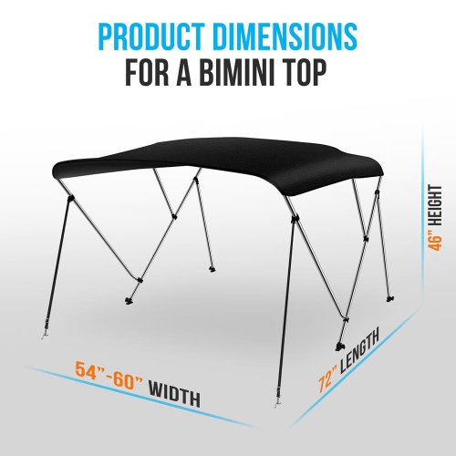 3 Bow Bimini Top - 2 Straps and 2 Rear Support Poles with Marine-Grade 600D Polyester Canvas