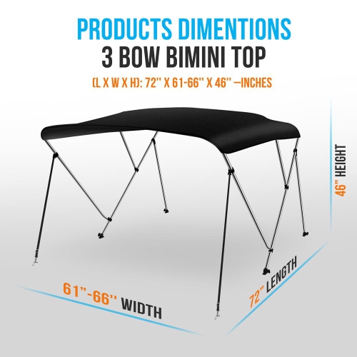 3 Bow Bimini Top - 2 Straps and 2 Rear Support Poles with Marine-Grade 600D Polyester Canvas