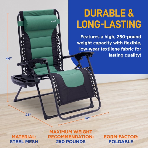 Outdoor Adjustable and Foldable Padded Zero Gravity Lawn Chair - Adjustable Recliners with Plastic Cup Holder Side Table and Pillow