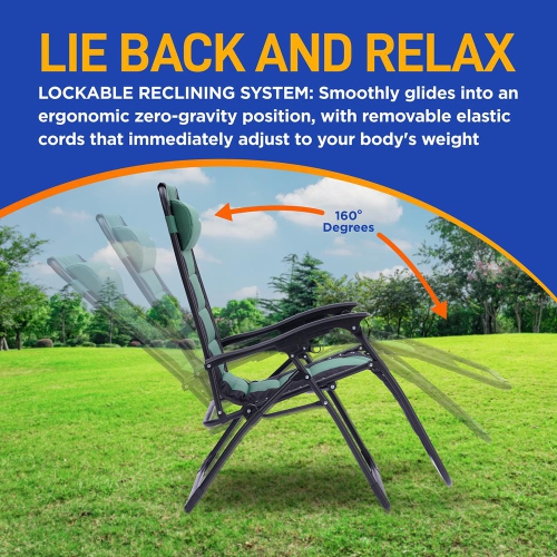 Outdoor Adjustable and Foldable Padded Zero Gravity Lawn Chair - Adjustable Recliners with Plastic Cup Holder Side Table and Pillow