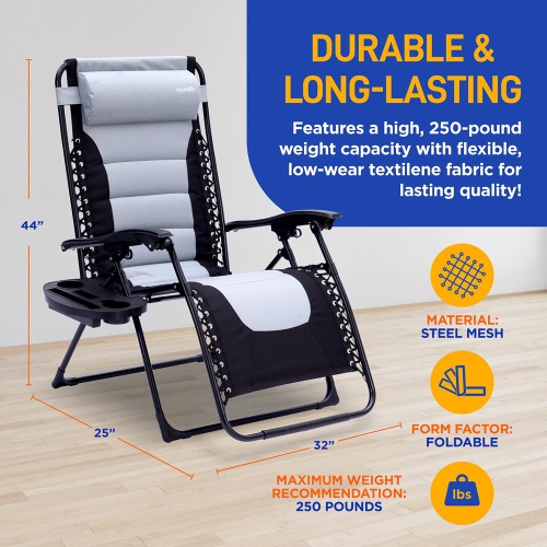 Outdoor Adjustable and Foldable Padded Zero Gravity Lawn Chair - Adjustable Recliners with Plastic Cup Holder Side Table and Pillow