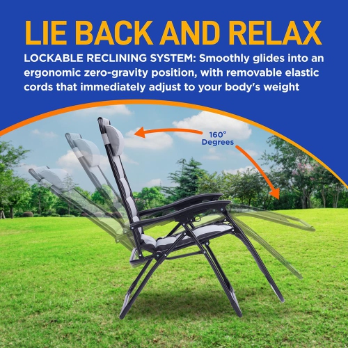 Outdoor Adjustable and Foldable Padded Zero Gravity Lawn Chair - Adjustable Recliners with Plastic Cup Holder Side Table and Pillow