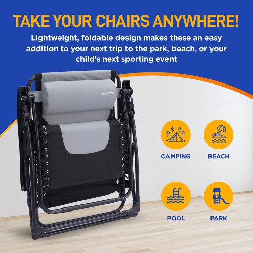 Outdoor Adjustable and Foldable Padded Zero Gravity Lawn Chair - Adjustable Recliners with Plastic Cup Holder Side Table and Pillow