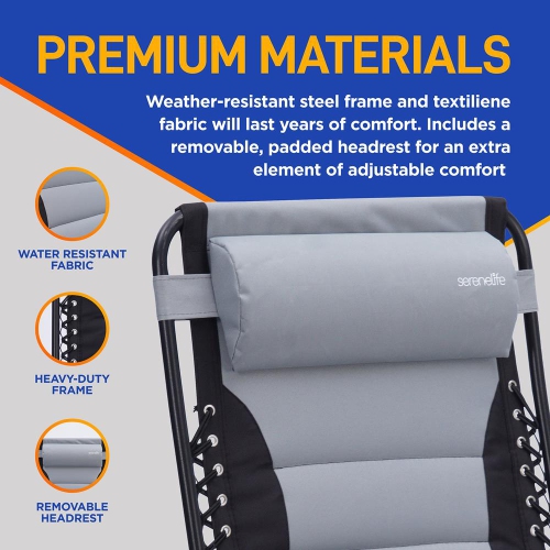 Outdoor Adjustable and Foldable Padded Zero Gravity Lawn Chair - Adjustable Recliners with Plastic Cup Holder Side Table and Pillow