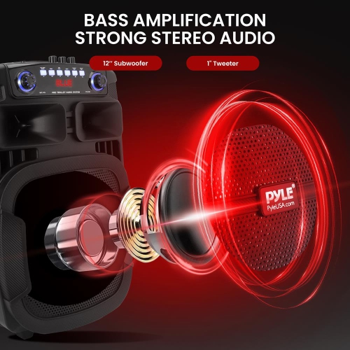 12’’ Bluetooth Portable PA Speaker - Portable PA & Karaoke Party Audio Speaker with wired microphone, with Built-in Rechargeable Battery, Flashing