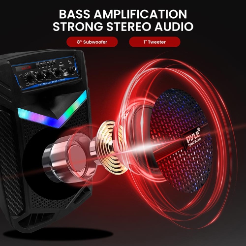 8’’ Bluetooth Portable PA Speaker - Portable PA & Karaoke Party Audio Speaker with Built-in Rechargeable Battery, Flashing Party Lights, MP3/USB/ /FM