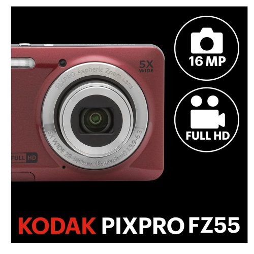 Appareil photo numérique KODAK PIXPRO FZ55-RD 16&nbsp;Mpx zoom optique 5X caméra grand-angle 28&nbsp;mm vidéo HD intégrale 1080P 2,7 po écran ACL