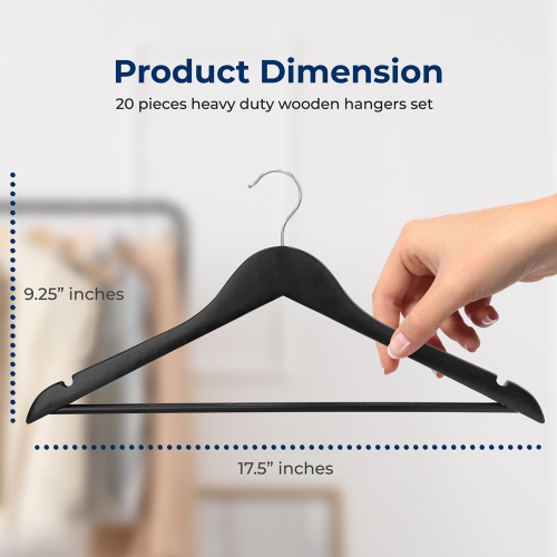 20 Pieces Wooden Hangers - Non-Slip, Sturdy, and Heavy Duty Suit Hanger Set with Chrome 360° Swivel Hook and Notches Design for Clothes
