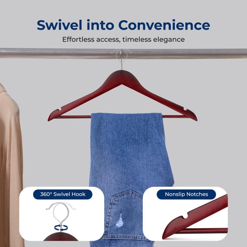 30 Pieces Wooden Hangers - Non-Slip, Sturdy, and Heavy Duty Suit Hanger Set with Chrome 360° Swivel Hook and Notches Design for Clothes