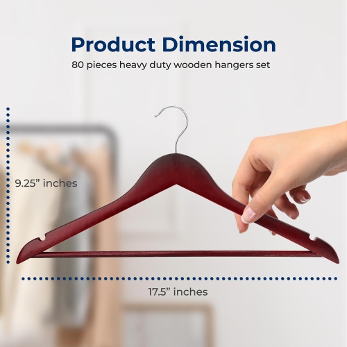 80 Pieces Wooden Hangers - Non-Slip, Sturdy, and Heavy Duty Suit Hanger Set with Chrome 360° Swivel Hook and Notches Design for Clothes