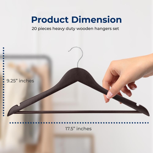 20 Pieces Wooden Hangers - Non-Slip, Sturdy, and Heavy Duty Suit Hanger Set with Chrome 360° Swivel Hook and Notches Design for Clothes
