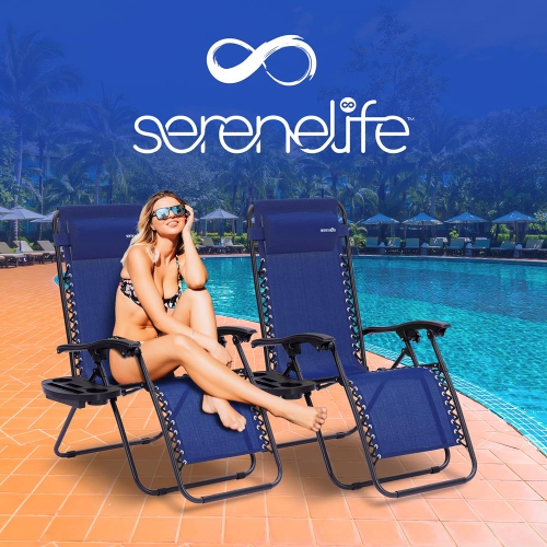 Outdoor Adjustable Zero Gravity Lounge Chair Recliners with Plastic Cup Holder Side Table and Padded Headrest Pillows, 2 Pack,