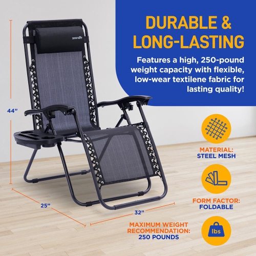 Outdoor Adjustable Zero Gravity Lounge Chair Recliners with Plastic Cup Holder Side Table and Padded Headrest Pillows, 2 Pack,