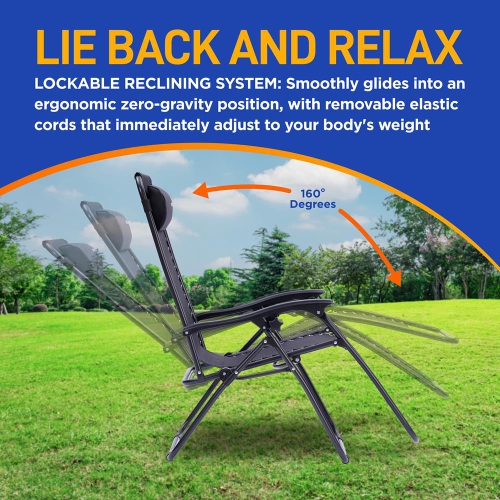 Outdoor Adjustable Zero Gravity Lounge Chair Recliners with Plastic Cup Holder Side Table and Padded Headrest Pillows, 2 Pack,