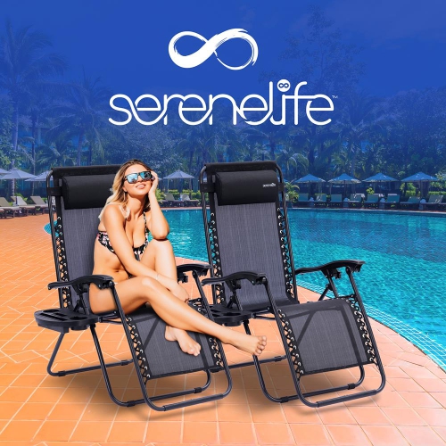 Outdoor Adjustable Zero Gravity Lounge Chair Recliners with Plastic Cup Holder Side Table and Padded Headrest Pillows, 2 Pack,