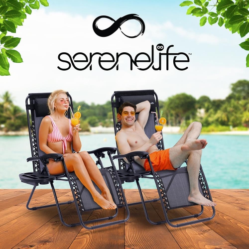 Outdoor Adjustable Zero Gravity Lounge Chair Recliners with Plastic Cup Holder Side Table and Padded Headrest Pillows, 2 Pack,