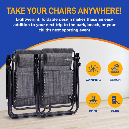 Outdoor Adjustable Zero Gravity Lounge Chair Recliners with Plastic Cup Holder Side Table and Padded Headrest Pillows, 2 Pack,