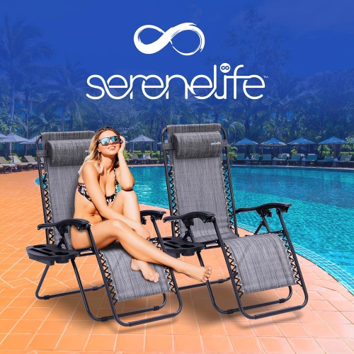 Outdoor Adjustable Zero Gravity Lounge Chair Recliners with Plastic Cup Holder Side Table and Padded Headrest Pillows, 2 Pack,