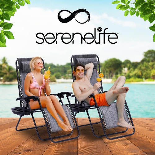 Outdoor Adjustable Zero Gravity Lounge Chair Recliners with Plastic Cup Holder Side Table and Padded Headrest Pillows, 2 Pack,