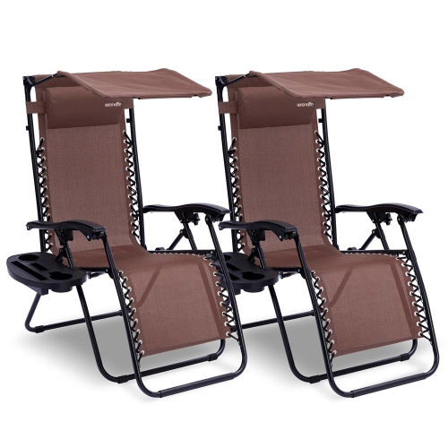 Outdoor Adjustable and Foldable Zero Gravity Lounge Chair Recliners with Canopy, Plastic Cup Holder Side Table and Pillow, 2 Pack,