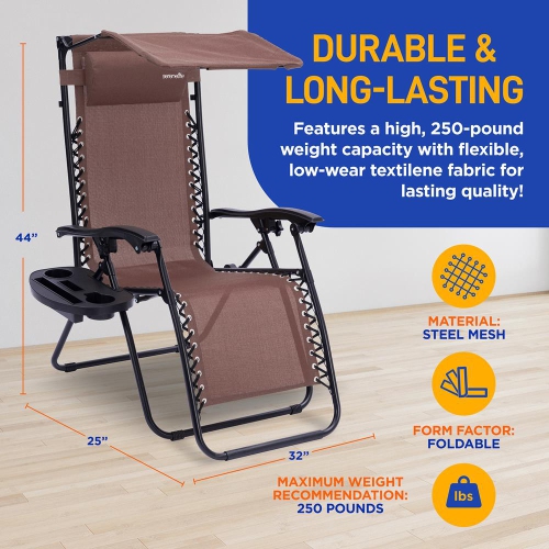 Outdoor Adjustable and Foldable Zero Gravity Lounge Chair Recliners with Canopy, Plastic Cup Holder Side Table and Pillow, 2 Pack,