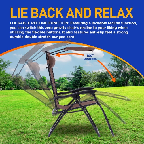 Outdoor Adjustable and Foldable Zero Gravity Lounge Chair Recliners with Canopy, Plastic Cup Holder Side Table and Pillow, 2 Pack,