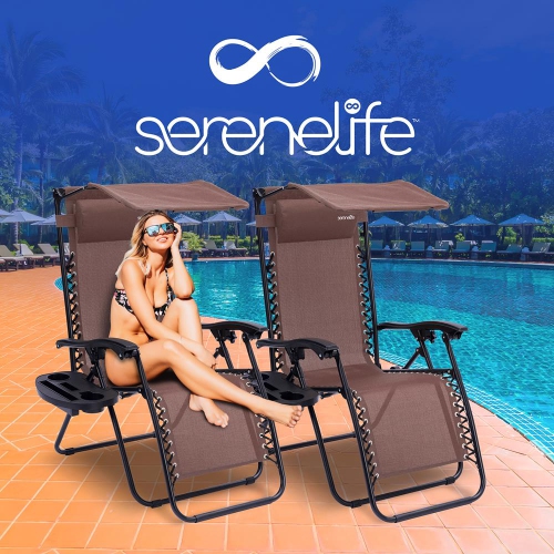 Outdoor Adjustable and Foldable Zero Gravity Lounge Chair Recliners with Canopy, Plastic Cup Holder Side Table and Pillow, 2 Pack,