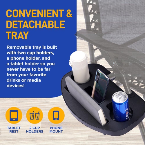 Fauteuils inclinables et pliables Zero Gravity d'extérieur avec auvent, table d'appoint avec porte-gobelet en plastique et coussin, paq. 2