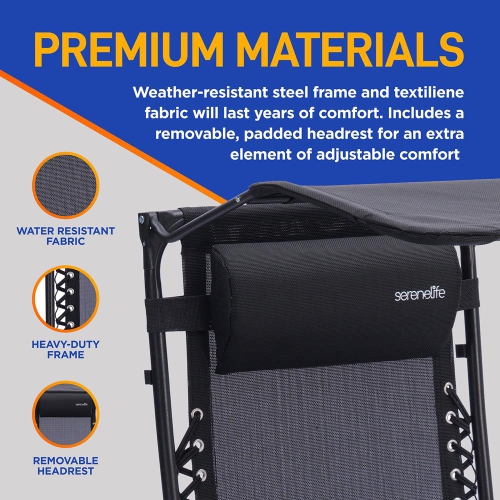 Fauteuils inclinables et pliables Zero Gravity d'extérieur avec auvent, table d'appoint avec porte-gobelet en plastique et coussin, paq. 2