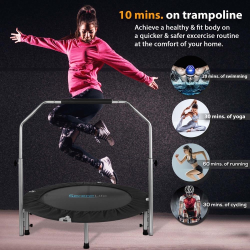 Portable Body Fitness Trampoline - Pro Aerobics Trampoline with Adjustable Handrail