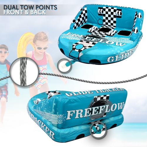 High-Quality Watersports Towable Tube - Front & Back Tow Points with Wide Wingspans, Secure Deck Seating, EVA Foam Seating/Kneeling Pads with