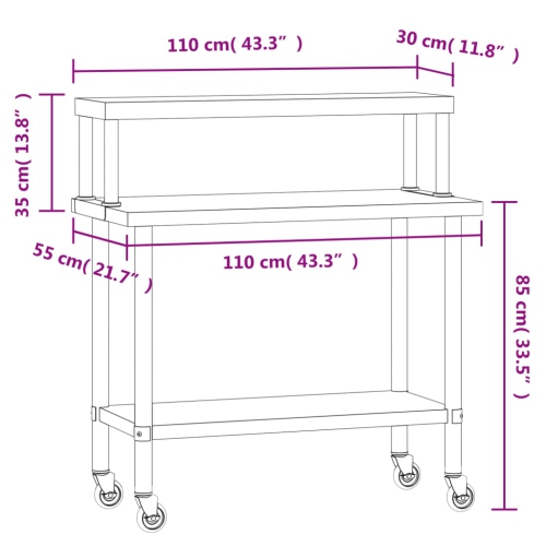 Table de travail de cuisine avec tablette supérieure 1 x 55 x 120&nbsp;cm en acier inoxydable
