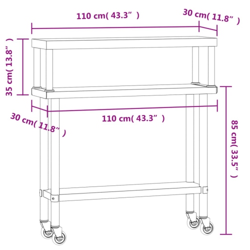 Table de travail de cuisine avec tablette supérieure 1 x 10 x 30 x 30 po en acier inoxydable 120 cm