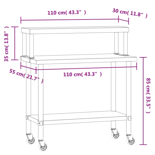 Table de travail de cuisine avec tablette supérieure 1 x 55 x 120 cm en acier inoxydable