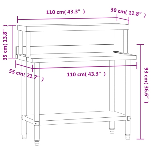 Table de travail de cuisine avec tablette supérieure 1 x 55 x 120 cm en acier inoxydable