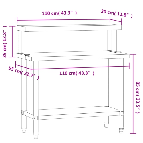 Table de travail de cuisine avec tablette supérieure 1 x 55 x 120 cm en acier inoxydable